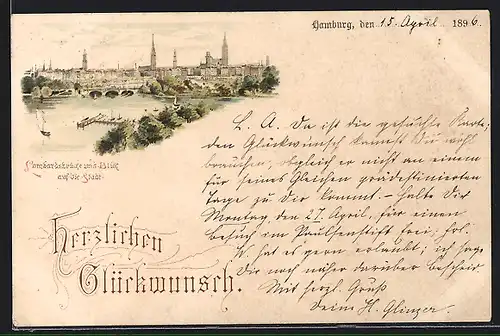 Lithographie Hamburg-Neustadt, Lombardsbrücke mit Blick auf die Stadt