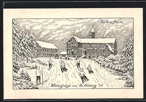 Künstler-AK sign. L. Brühl: Gr. Feldberg i. Taunus, Gasthaus Sturm im Winter