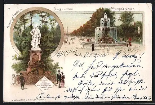 Lithographie Berlin-Tiergarten, Siegesallee, Wrangelbrunnen, Lessing-Denkmal um 1900