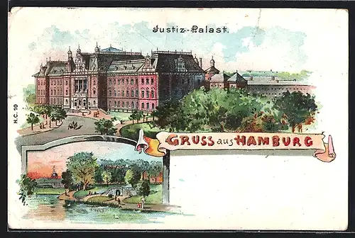 Lithographie Hamburg-Neustadt, Justiz-Palast, Flussidylle