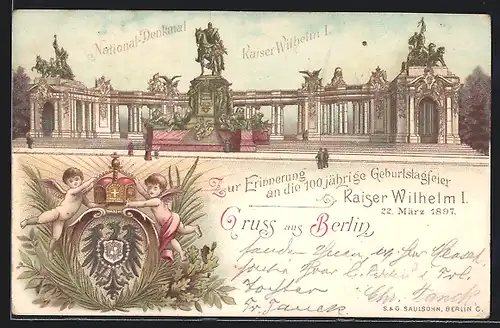 Lithographie Berlin, National-Denkmal Kaiser Wilhelm I. Wappen, Engel
