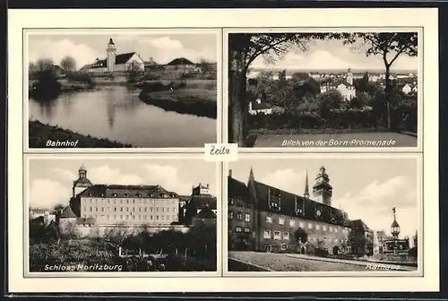 AK Zeitz, Bahnhof, Rathaus, Schloss Moritzburg