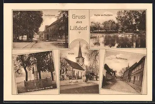 AK Lissdorf, Kirche, Dorfstrasse, Kriegerdenkmal 1914 /18