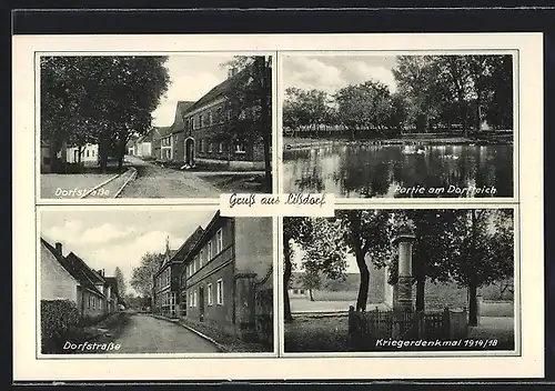 AK Lissdorf, Dorfstrasse, Dorfteich, Kriegerdenkmal 1914 /18