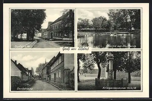 AK Lissdorf, Kriegerdenkmal 1914 /18, Dorfteich, Dorfstrasse