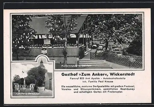 AK Wickerstedt, Gasthof Zum Anker Kolonnade u. Garten, Kirche u. Denkmal