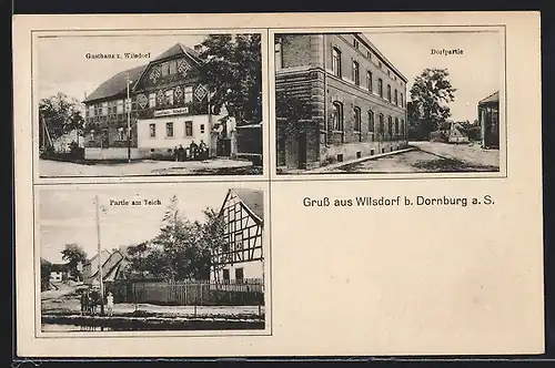 AK Wilsdorf b. Dornburg, Gasthaus, Dorfpartie, Partie am Teich