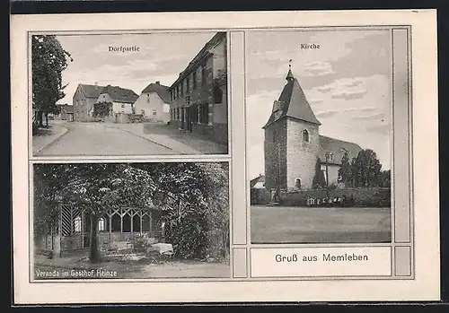 AK Memleben, Dorfpartie, Kirche, Veranda im Gasthof Heinze