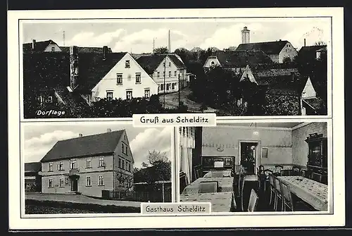 AK Schelditz, Dorflage, Gasthaus Schelditz, Aussen- und Innenansicht