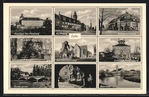 AK Zeitz, Schloss Moritzburg, Brüderstrasse, Michaeliskirche, Auebrücke, Bahnhof