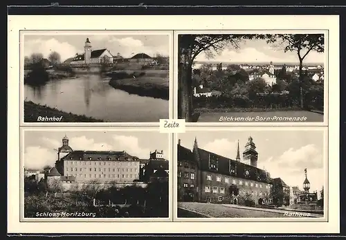 AK Zeitz, Bahnhof, Rathaus, Schloss Moritzburg