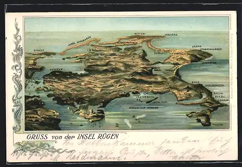 Lithographie Arcona, Panorama der Insel Rügen