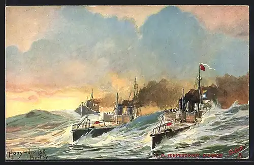 Künstler-AK Kriegsschiff S.M. Torpedoboot-Division Gilette auf stürmischer See
