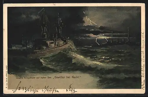 Lithographie Gewitter bei Nacht, unsere Kriegsflotte auf hoher See, Kampfschiffgeschwader