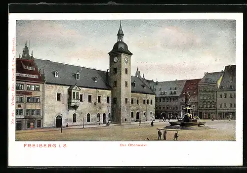 AK Freiberg, Obermarkt mit Rathaus und Brunnen