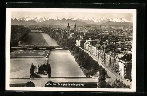 AK München, Isarpartie mit Gebirge