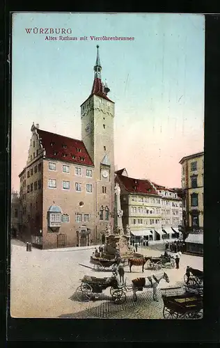 AK Würzburg, alte Rathaus mit Vierröhrenbrunnen