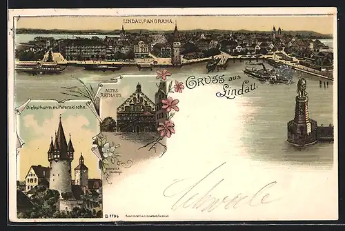 Lithographie Lindau, Panorama, Altes Rathaus, Diebsturm mit Peterskirche