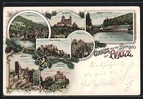 Lithographie Schönau, Ortsansicht, Burg Sickingen, Alt-Dahn, Drachenfels, Berwartstein, Karlsthal und Villa Gienanth