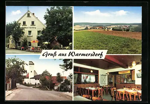 AK Warmersdorf, Ortsansicht aus der Ferne, Strasse zur Kirche und Gasthaus Herting