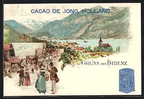 Lithographie Brienz, Ortsansicht und Strassenpartie mit Reklame Cacao de Jong, Holland