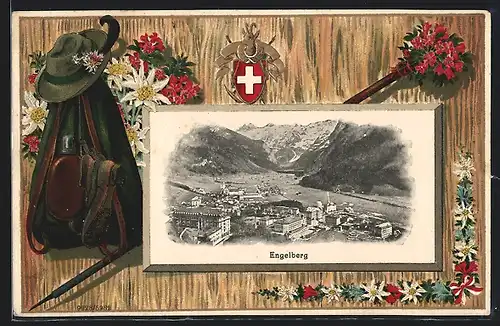 AK Engelberg, Totalansicht mit Gebirge, Wandererausrüstung, Wappen, Wanderstab