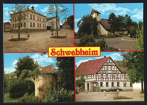AK Schwebheim, Platz, Kirche und Fachwerkhaus