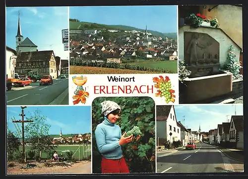AK Erlenbach, Strassenpartie mit Kirche, Brunnen, Weinbäuerin