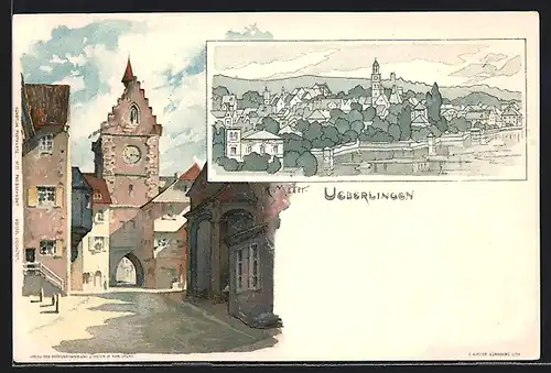 Künstler-AK K. Mutter: Überlingen, Panorama, Stadttor