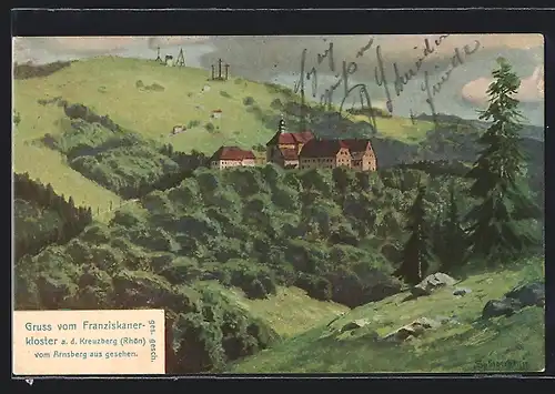 Künstler-AK Bischofsheim, Franziskanerkloster a. d. Kreuzberg vom Arnsberg gesehen