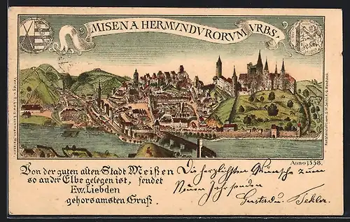 Lithographie Meissen, Alte Ansicht der Stadt aus dem Jahre 1558