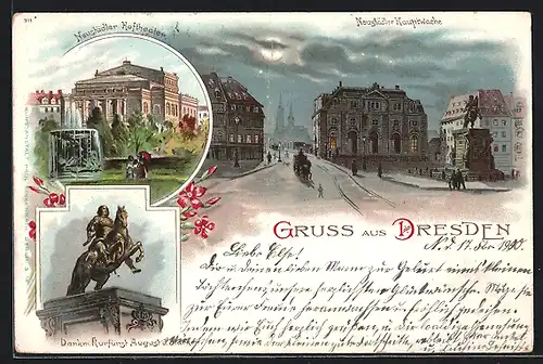 Lithographie Dresden, Neustädter Hauptwache, Neustädter Hoftheater, Denkmal Kurfürst August d. Starken