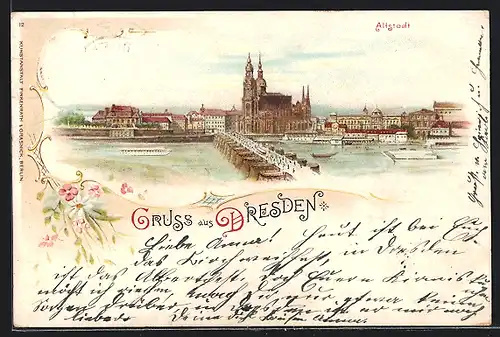 Lithographie Dresden, Ortsansicht mit Altstadt