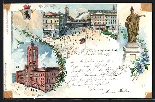 Lithographie Berlin, Alexanderplatz mit Strassenbahn, Rathaus, Berolina