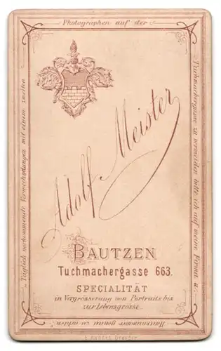Fotografie Adolf Meister, Bautzen, Tuchmachergasse 663, Mann mit Vollbart in schlichtem Anzug