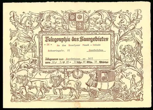 Telegramm des Saargebietes, 1935, Brautpaar Noack-Wobedo, Saarbrücken, Hochzeitskutsche