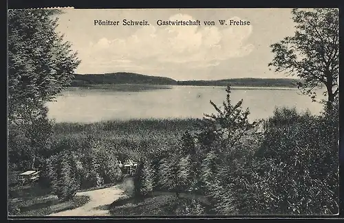 AK Pönitz, Panorama mit See und Gartenterrasse Gasthaus W. Frehse in der Pönitzer Schweiz