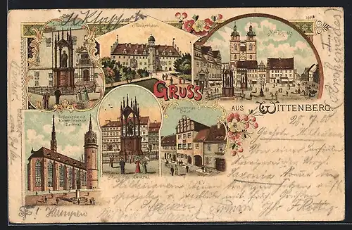 Lithographie Wittenberg, Blick auf Luther-Denkmal, Lutherhaus, Melanchthon-Denkmal und Marktplatz