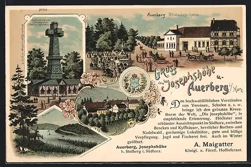 Lithographie Auerberg, Gast- & Logierhaus, Aussichtsturm Josephshöhe, Schloss Stolberg, Frankenteich