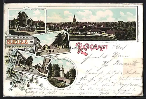 Lithographie Radegast, Gasthof zum weissen Ross, Dessauer-Strasse, Der Teure Christian und Marktplatz