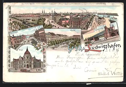 Lithographie Ludwigshafen, Totalansicht, Markt, Bahnhof, Post