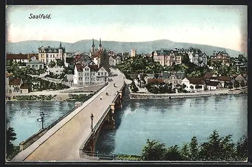 AK Saalfeld, Teilansicht mit Saalebrücke