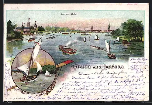 Lithographie Hamburg, Aussen-Alster, Segelboote