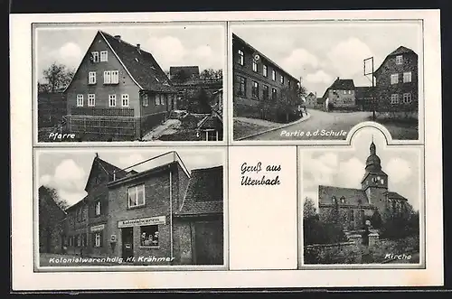 AK Utenbach, Pfarre, Partie an der Schule, Kolonialwarenhdlg. Kl. Krähmer & Kirche