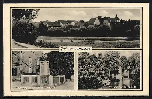 AK Bottendorf, Ortsansicht, Partie an der Mühle, Kriegerdenkmal 1. Weltkrieg