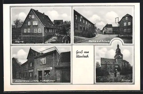 AK Utenbach, Pfarre, Partie an der Schule, Kolonialwarenhdlg. Kl. Krähmer & Kirche
