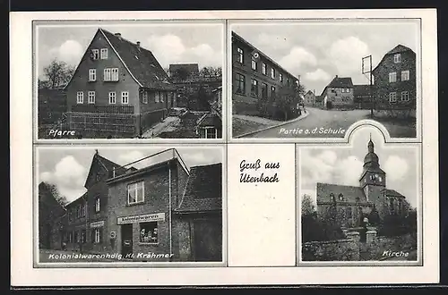 AK Utenbach, Pfarre, Partie an der Schule, Kolonialwarenhdlg. Kl. Krähmer & Kirche