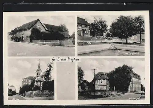 AK Meyhen, Kirche, Gasthof, Dorfteich, Rittergut