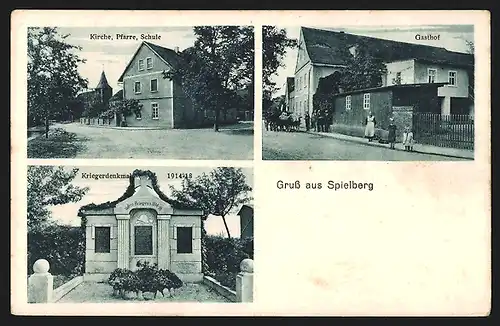 AK Spielberg, Kirche, Pfarre und Schule, Kriegerdenkmal 1914 /18, Gasthof