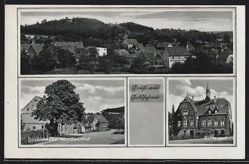 AK Goldschau, Gasthof mit Dorfstrasse, Rittergut, Panorama